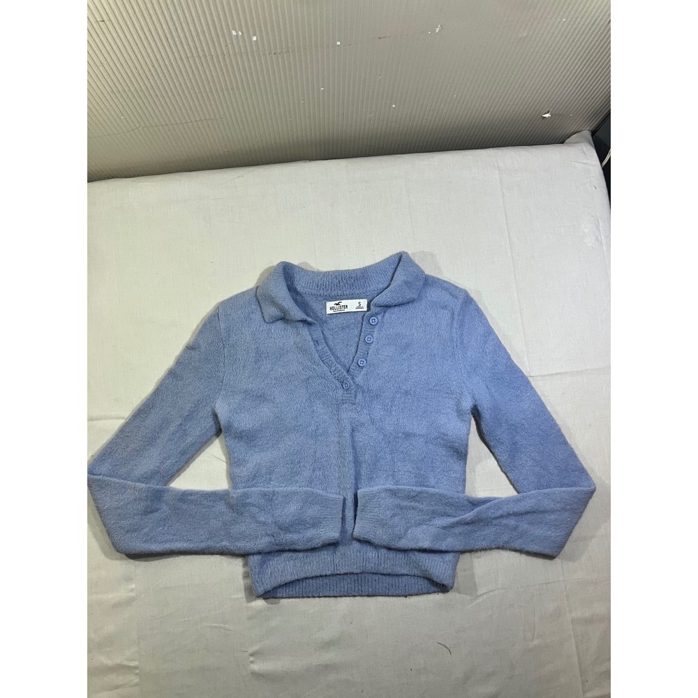Hollister Light Blue Fuzzy Polo Collar Button Pullover Sweater Small 350S2544